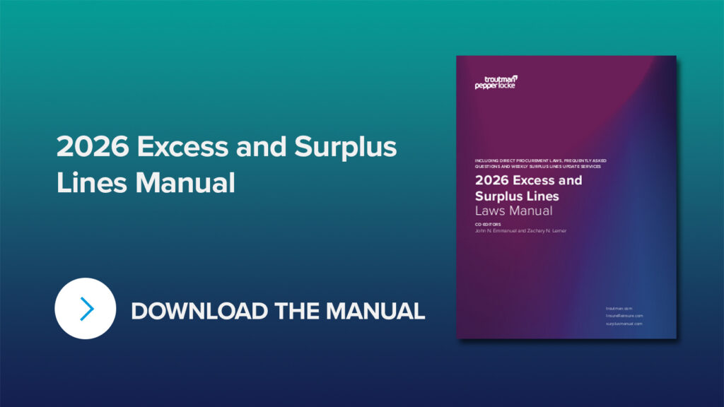 Marketing graphic for Troutman Pepper Locke promoting the 2026 Excess and Surplus Lines Laws Manual, featuring a teal-to-navy gradient background, a prominent white DOWNLOAD THE MANUAL call-to-action with an arrow icon, and a purple-blue book cover listing co-editors John N. Emmanuel and Zachary N. Lerner